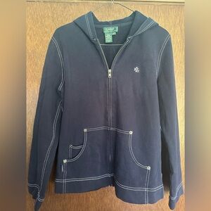 Ralph Lauren RL Navy Zip-Up Hoodie with white stitch detail M